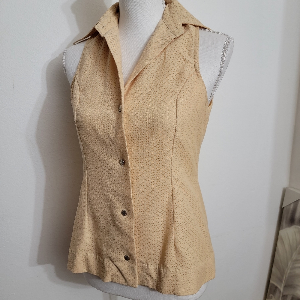 Vintage 70s Style Handmade Pointy Collar Sleeveless Top Light Peach Fully Lined